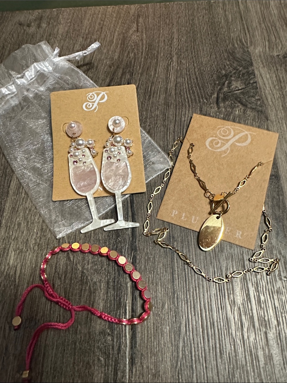 Peugeot Gold-Tone Necklace with Pink Champagne Glass Drop Earrings